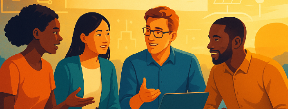 Four diverse professionals in a discussion around a laptop in a modern office.