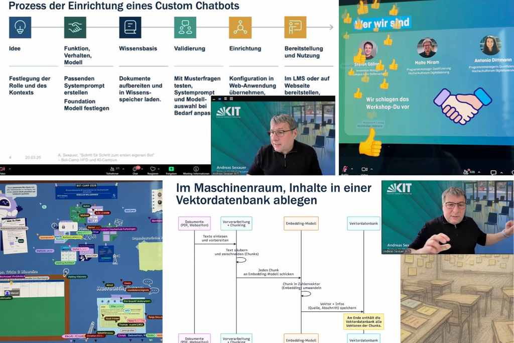 Bild zeigt Folien einer Online-Veranstaltung über Chatbot-Entwicklung (Prozessfluss, Diagramme) mit Teilnehmern und einem blurred Sprecher.