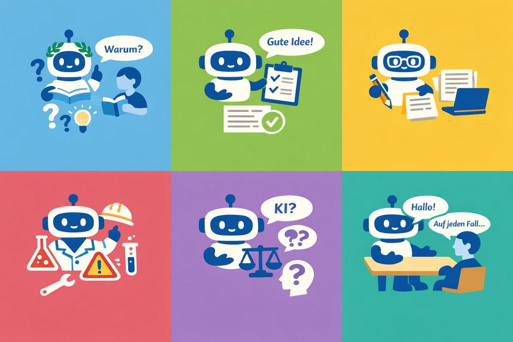 Illustrationen eines Roboters in verschiedenen Rollen: Forscher, Analyst und Berater.