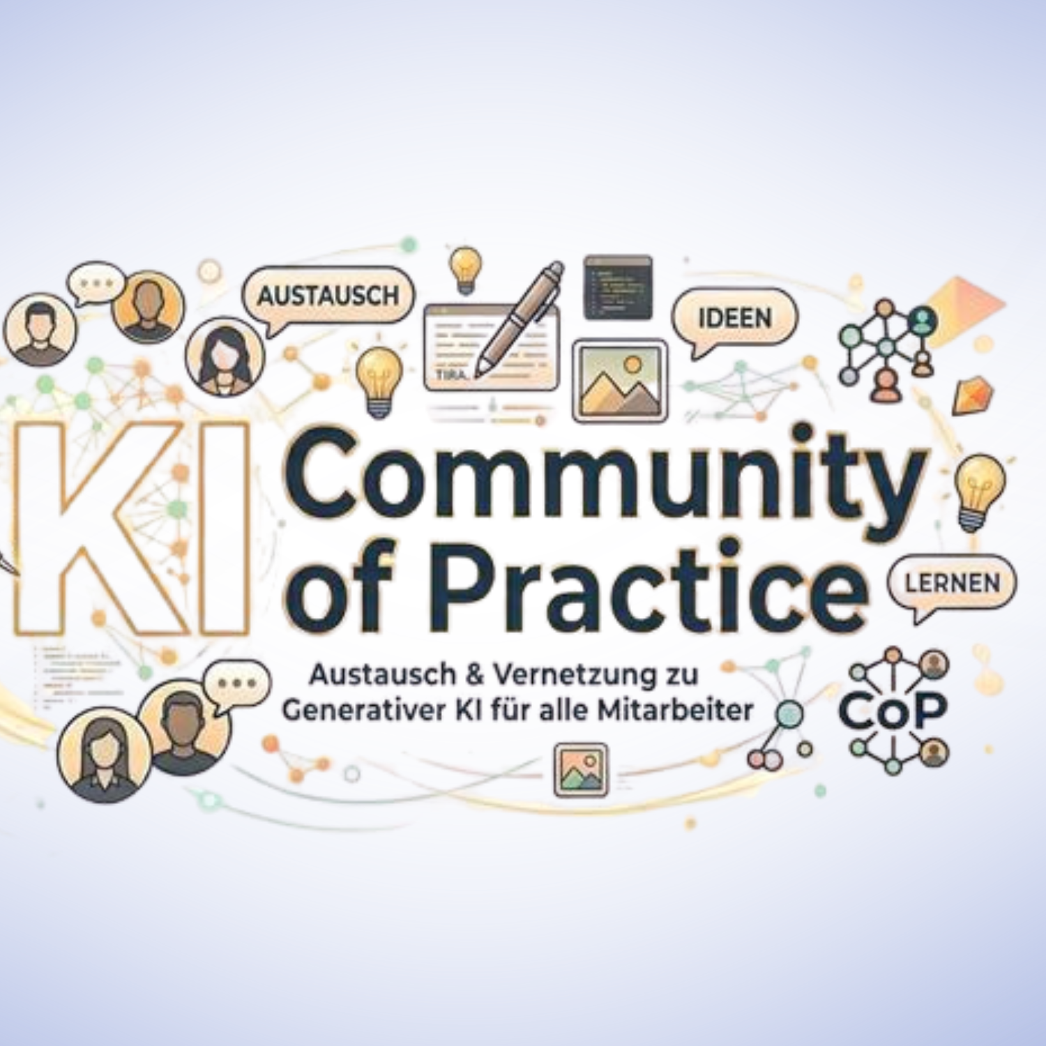 Illustration zur „KI Community of Practice“ mit Symbolen für Vernetzung, Austausch und Lernen.
