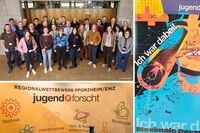 Gruppe junger Menschen mit Namensschildern in einem Schul- oder Kongresszentrum; Banner “jugend forscht” zeigt Thema Technik, Interdisziplinarität und Biologie.