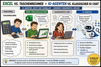 Infographic comparing Calculator vs. Excel and Classic AI Chat vs. AI Agents.