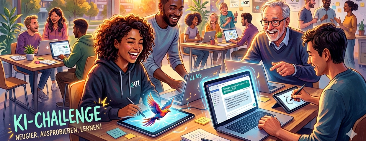 Diverse Gruppe von Studierenden arbeitet gemeinsam mit Laptops und Tablets an einer KI-Challenge.