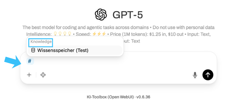 Screenshot der GPT-5 KI-Toolbox mit Wissensspeicher (Test) und Eingabefeld.