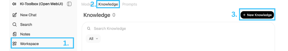 UI-Screenshot: Seitenleiste Workspace, Knowledge-Tab, Button '+ New Knowledge', 'No knowledge found'.