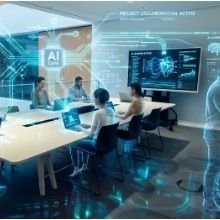 Team arbeitet in einem modernen Büro an KI-Daten mit futurischen digitalen Overlays.