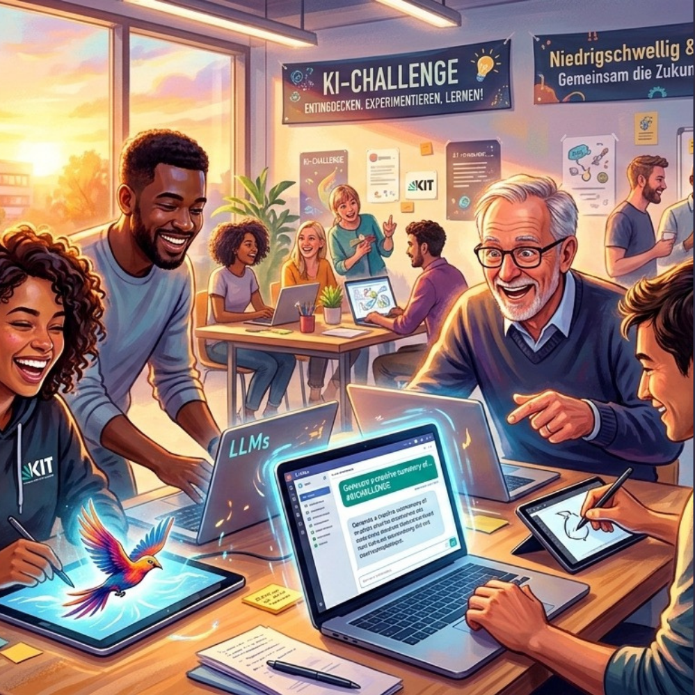 Diverse Gruppe von Menschen arbeitet gemeinsam an Laptops an einer „KI-Challenge“.
