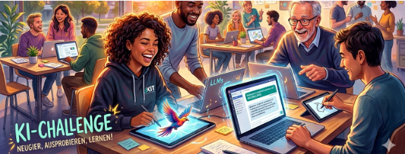 A diverse group coding and collaborating around laptops and tablets in a bright coworking cafe.