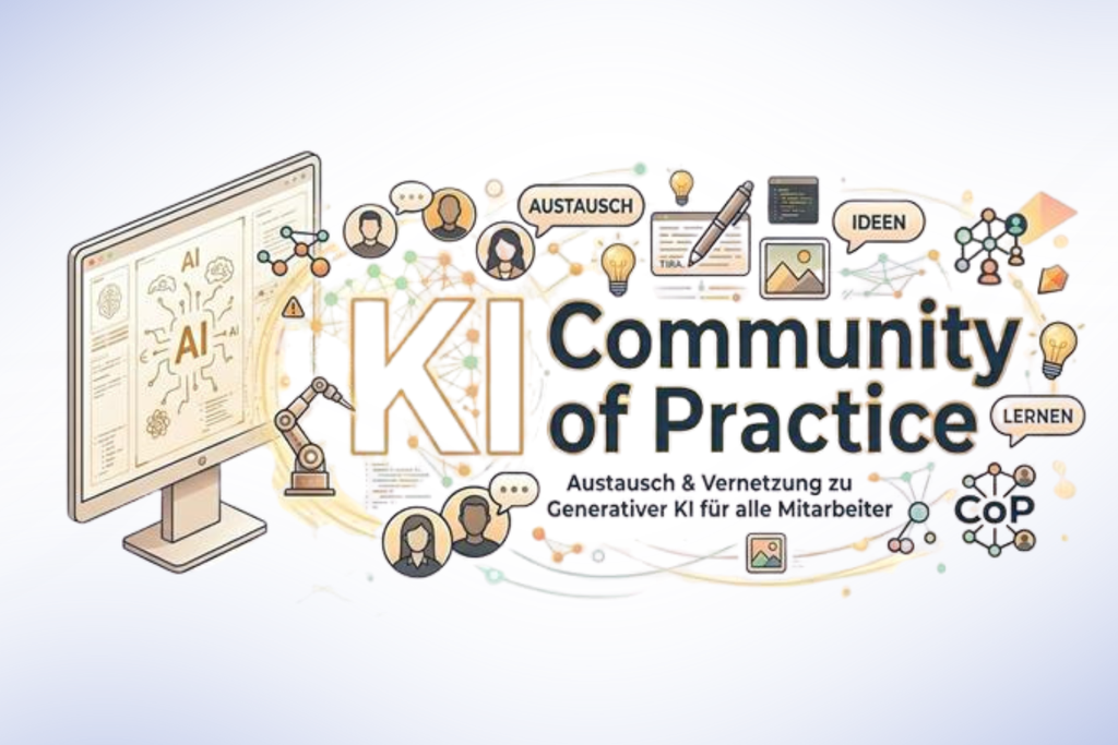AI-driven "Community of Practice" graphic with screens, icons, and interconnected people.