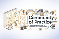 Bildtext: Illustration „KI Community of Practice“ mit Computerbildschirm, Robotikarm, Netzwerk-Symbolen, Chat-Blasen und Stichworten zu Austausch, Ideen und Lernen.
