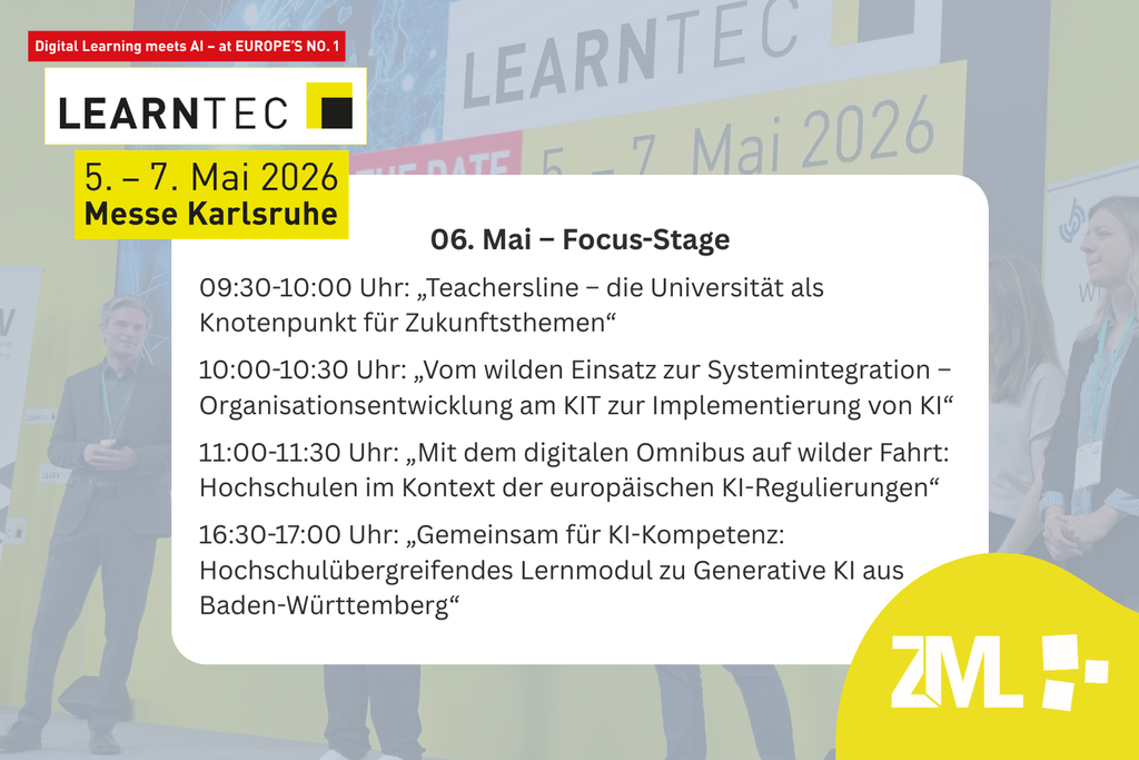 Textblock mit Terminen der Focus-Stage am 6. Mai 2026, Veranstaltungslayout mit Logo “LearnTec” und gelbem Akzent.