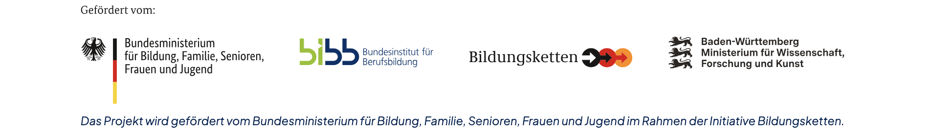 Logo-Sammlung von Förderern: Bundeministerium für Bildung, Familien, Senioren, Frauen und Jugend; BIBB; Bildungsketten; Baden-Württemberg – Wissenschaft, Forschung, Kunst.