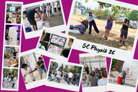 Eine Fotocollage mit mehreren Polaroid-Fotos auf lila Hintergrund zeigt Jugendliche bei verschiedenen Aktivitäten des Science Camps Physik 26, darunter Experimente, Gruppenarbeiten und Präsentationen.