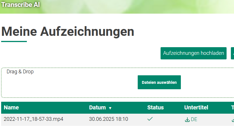Benutzeroberfläche für das Hochladen und Verwalten von Videoaufnahmen.