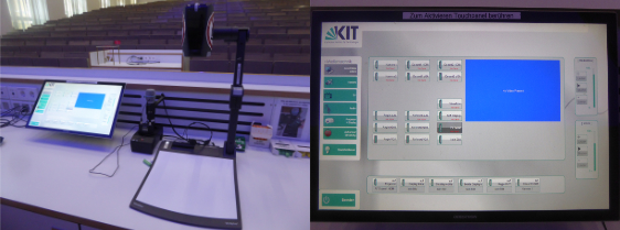linker Bildteil: Pult mit Bedienfeld / Touchpad und Visualizer und Mikrofonen; rechter Bildteil: Bedienfeld / Touchpad in Nahaufnahme