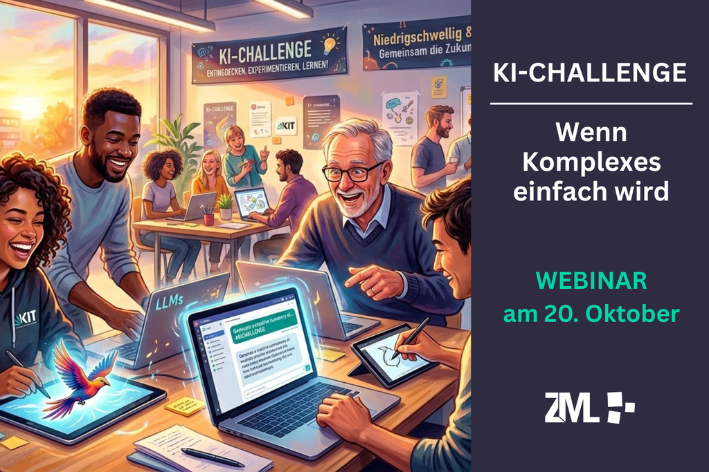 Diverse Gruppe von Menschen arbeitet mit Laptops an der „KI-Challenge“; Werbeanzeige für Webinar.