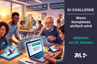 Diverse Gruppe von Menschen arbeitet mit Laptops an der „KI-Challenge“; Werbeanzeige für Webinar.