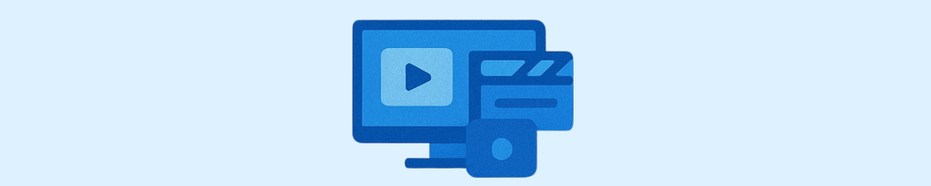 Videokomponenten: Monitor mit Play-Symbol, eine Kredit-/Ident card und Smartphone-Symbol in Blau.