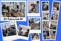 Collage-Bilder des 5C Future Lab mit Menschen in Diskussionen u. MINT-Forschungsumgebungen.
