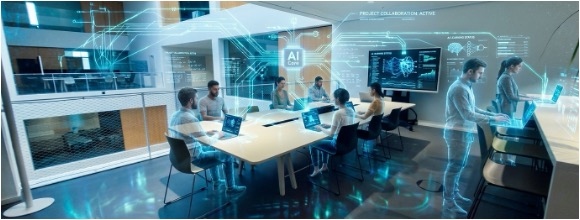 Team of professionals collaborating in a futuristic tech lab with laptops and holographic displays.